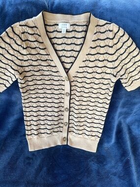 J. Crew Beige Short-Sleeve V-Neck Cardigan with Black Stripe